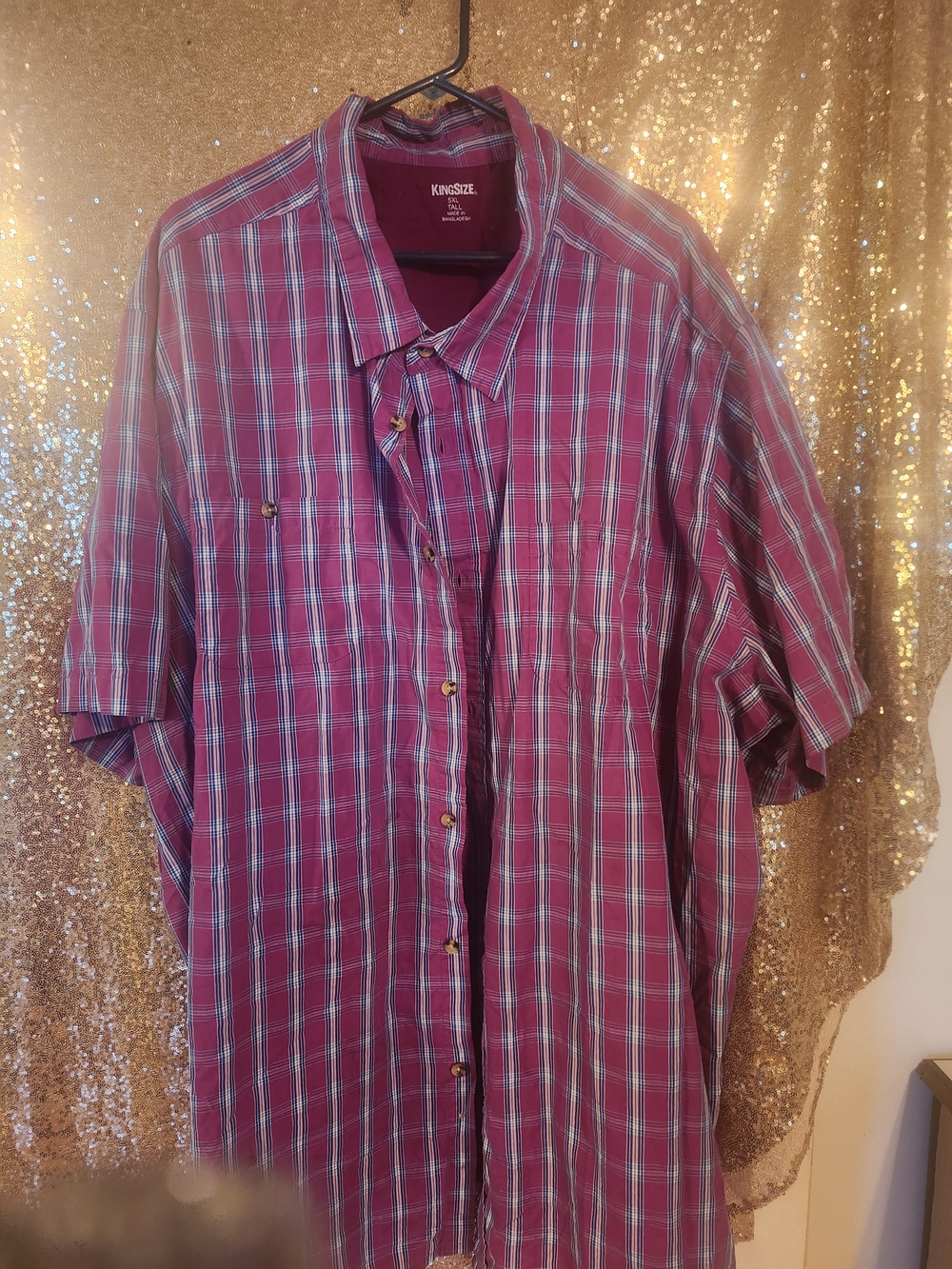 Men’s Short-Sleeve Plaid Shirt in Magenta KING SIZE